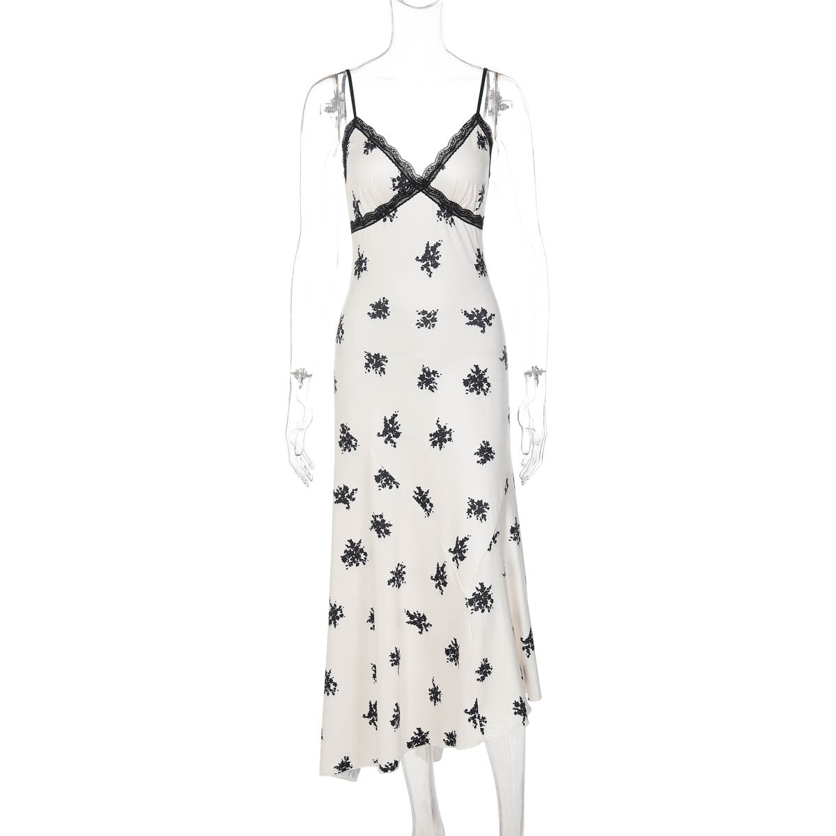 Vestido de moda francês sexy, europeu e americano, com borda em renda, decote em V, estampado em V, ajustado e ajustado para mulheres