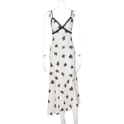Vestido de moda francês sexy, europeu e americano, com borda em renda, decote em V, estampado em V, ajustado e ajustado para mulheres