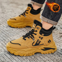 Botas Martin 2025 sapatos de inverno masculinos novos, forrado a fleece espesso, roupa de trabalho alta, botas amarelas grandes, botas de frio masculino