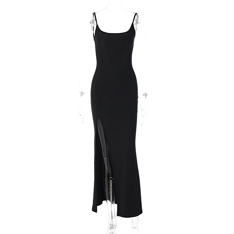 Vestido feminino feminino europeu e americano de verão 2026, um novo vestido sexy de renda, com alças finas e fendas, ajustado à anca para mulheres
