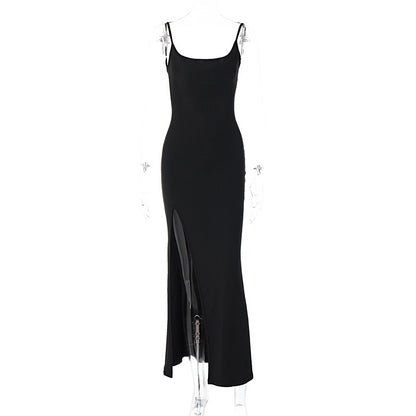 Vestido feminino feminino europeu e americano de verão 2026, um novo vestido sexy de renda, com alças finas e fendas, ajustado à anca para mulheres