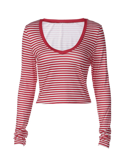 Estilo europeu e americano INS, estilo transfronteiriço e vendas de novas modas, rapariga às riscas de manga longa picante, camisetas curtas versáteis, slim tops versáteis, dropshipping
