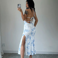 Roupa feminina ao estilo europeu e americano 2026 novo artigo quente de exportação, vestido slip floral sexy com fenda e vestido sem costas para mulheres
