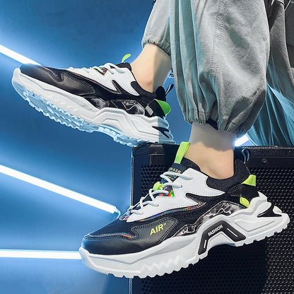 Sapatos masculinos, primavera versátil para jovens de corrida casual, sapatos desportivos de sola grossa para homem, sapatilhas de pai branco para homens na moda
