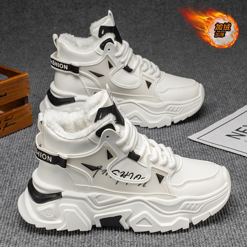 Sapatos masculinos de cano alto, botas Martin espessas e espessas forradas a polar de inverno, sapatos desportivos, casuais brancos para aumentar a altura e versáteis da moda
