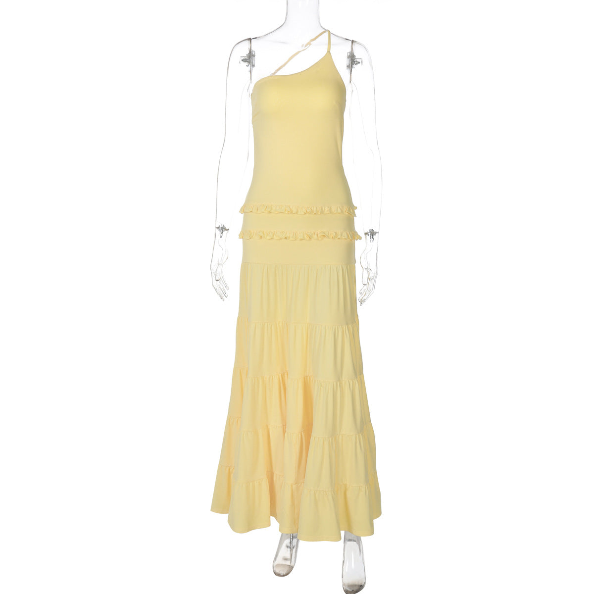 Vestido transfronteiriço novo e vendido pela Europa e América, vestido longo de retalhos, de um ombro, plissado e multicamadas, sexy, sem costas ocas, remendado, para mulheres