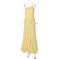 Vestido transfronteiriço novo e vendido pela Europa e América, vestido longo de retalhos, de um ombro, plissado e multicamadas, sexy, sem costas ocas, remendado, para mulheres