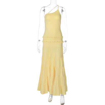 Vestido transfronteiriço novo e vendido pela Europa e América, vestido longo de retalhos, de um ombro, plissado e multicamadas, sexy, sem costas ocas, remendado, para mulheres