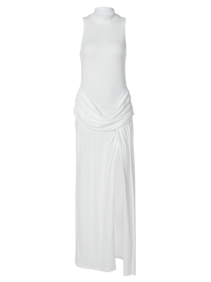 Vestido de verão transfronteiriço europeu e americano, novo vestido elegante sem mangas com gola estreita e retalhos de fenda longa para mulheres