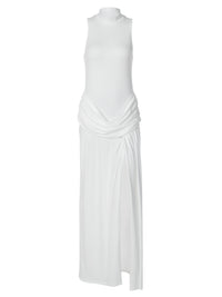 Vestido de verão transfronteiriço europeu e americano, novo vestido elegante sem mangas com gola estreita e retalhos de fenda longa para mulheres