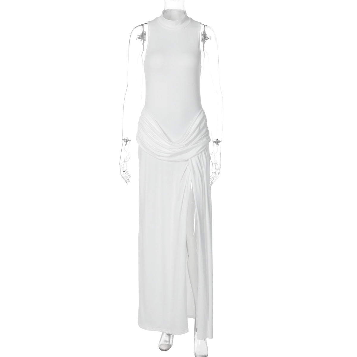 Vestido de verão transfronteiriço europeu e americano, novo vestido elegante sem mangas com gola estreita e retalhos de fenda longa para mulheres