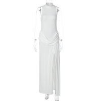 Vestido de verão transfronteiriço europeu e americano, novo vestido elegante sem mangas com gola estreita e retalhos de fenda longa para mulheres