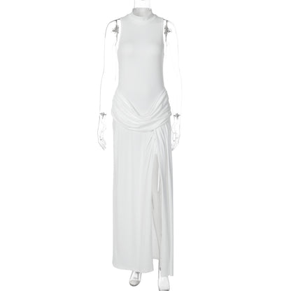Vestido de verão transfronteiriço europeu e americano, novo vestido elegante sem mangas com gola estreita e retalhos de fenda longa para mulheres