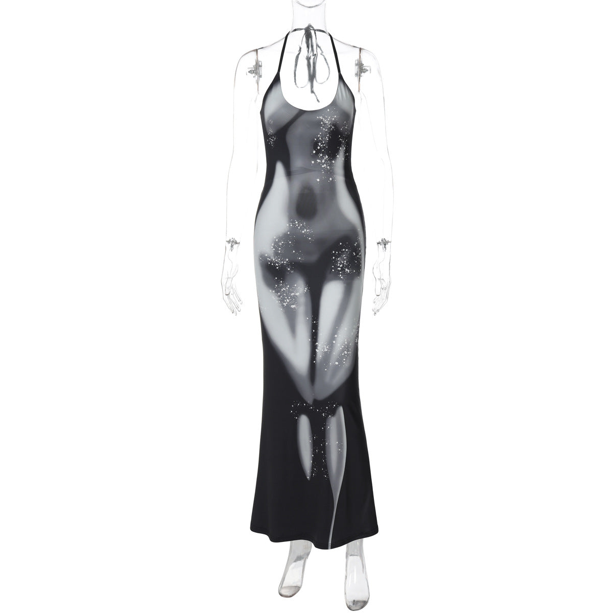 Verão novo vestido longo de moda de exportação europeu e americano com estampas de exportação transfronteiriças, decote halter, vestido comprido sexy e sensual para mulheres