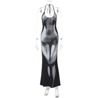 Verão novo vestido longo de moda de exportação europeu e americano com estampas de exportação transfronteiriças, decote halter, vestido comprido sexy e sensual para mulheres