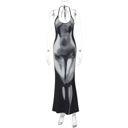 Verão novo vestido longo de moda de exportação europeu e americano com estampas de exportação transfronteiriças, decote halter, vestido comprido sexy e sensual para mulheres