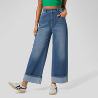 Primavera 2025 Novos Jeans de Cintura Alta Cruzada Europeu e Americano de Perna Direita com Perna Esticada e Bainha Enrolada Calças Casuais de Perna Larga para Mulher