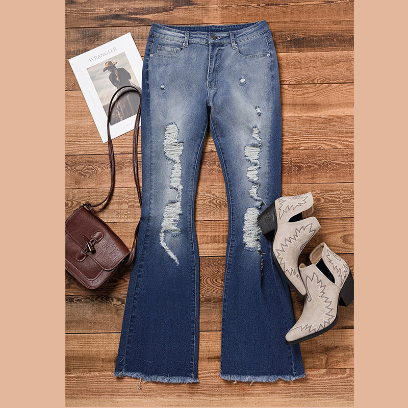 Vendas diretas de fábrica de jeans femininos europeus e americanos, calças emagrecidoras de cintura alta 2025 novas e confortáveis de ganga elástica rasgada e alargada