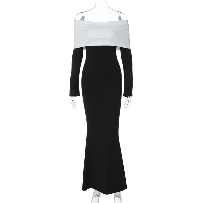Moda clássica francesa, com blocos de cor, vestido comprido sem mangas e ajustado à anca, ajustado à anca, para exportação por grosso