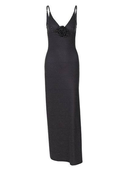 Vestido de moda nova com padrão de bolinhas e decote em V, vestido floral de fenda longa com padrão de bolinhas da Amazon, de vendas transfronteiriças, para mulheres