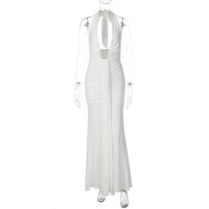 Vestido atravessado de vendas novas na Europa e América, vestido sexy de decote oco, decote oco, sem costas, fino, plissado, com alças remendadas e alças para mulheres