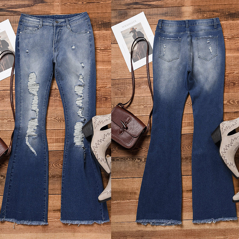 Vendas diretas de fábrica de jeans femininos europeus e americanos, calças emagrecidoras de cintura alta 2025 novas e confortáveis de ganga elástica rasgada e alargada