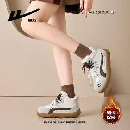 Os novos sapatos de treino moral de topo médio e alto da Warrior, sapatos quentes versáteis e da moda com blocos de cor, sapatos femininos de inverno com forro de polar duplo com laceta
