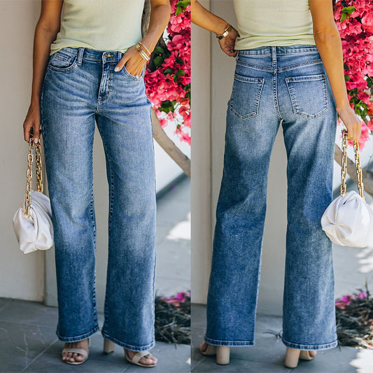 Site independente comercializa jeans minimalistas de cor clara para mulheres, calças de cintura alta e perna larga lavadas transfronteiriças da Amazon, em stock
