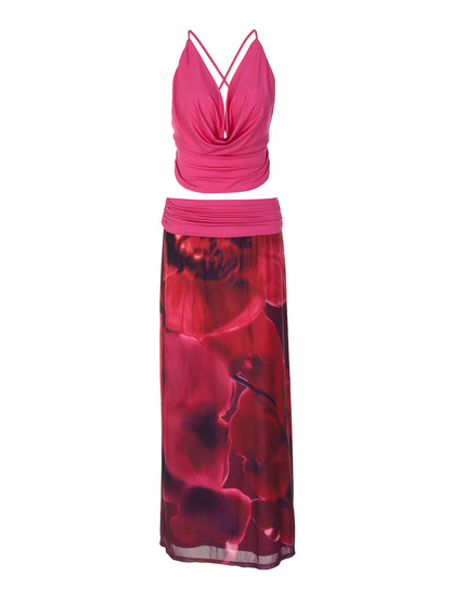 2026, verão europeu e americano, novo conjunto de vestido longo estampado com gola sling e gola sling sem costas, sexy de malha fina, estampado para mulheres