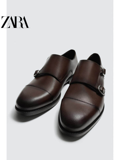 ZARA Coleção Primavera/Verão 2026 Sapatos Masculinos, Sapatos de Couro Marrom com Fivela Dupla, Sapatos Monk Sociais, 2410621 700