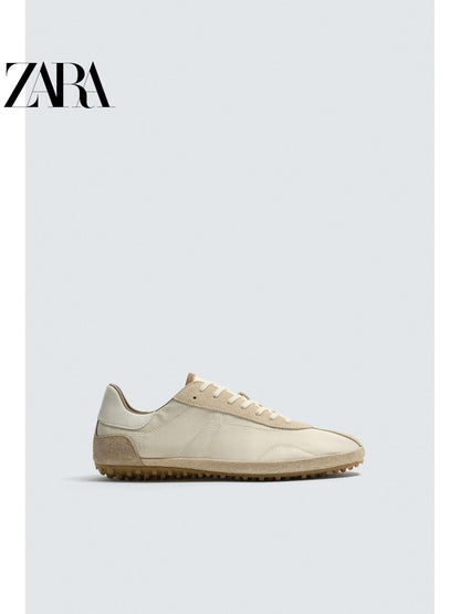 Sapatos masculinos ZARA, lançamento da coleção verão 2026, com detalhes em camurça, modelo retrô com cadarço e design leve (código: 2365720 102).