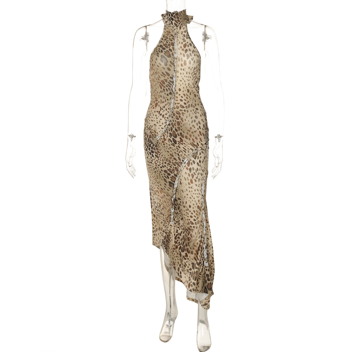 Vestido de Verão 2026, Novo Vestido Sexy, Sem Costas, com Tiras Finas, Estampado de Leopardo para Mulheres