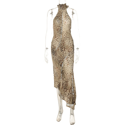 Vestido de Verão 2026, Novo Vestido Sexy, Sem Costas, com Tiras Finas, Estampado de Leopardo para Mulheres