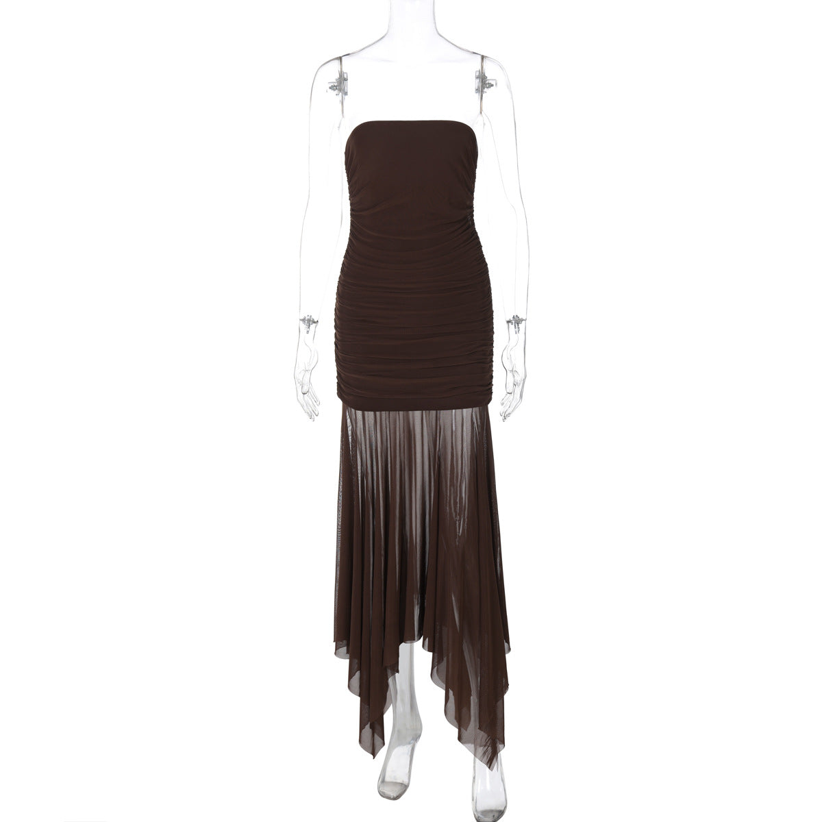 Novo vestido comprido de moda feminino europeu e americano, sexy e plissado, plissado, de rede fina e de comércio estrangeiro, sexy e sem alças