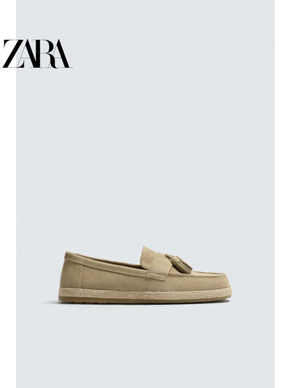 ZARA 2026 Verão Novo Sapatos Masculinos com Bordado de Penas, Mocassins Casuais de Couro Estilo Náutico 2651720 002