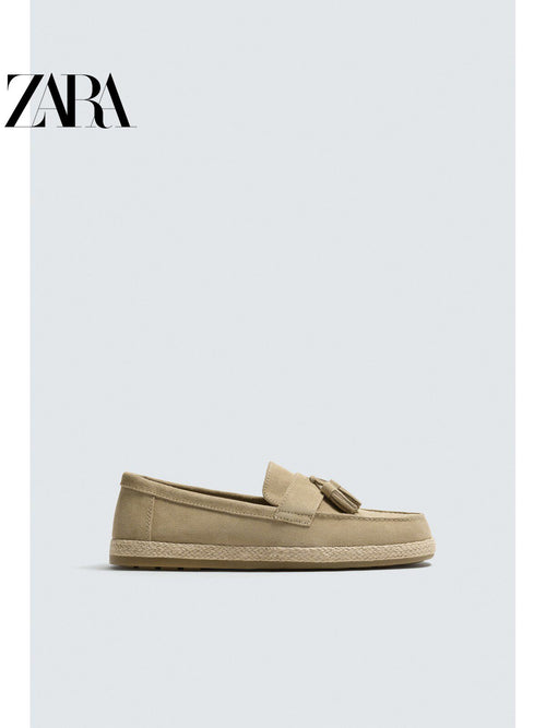 ZARA 2026 Verão Novo Sapatos Masculinos com Bordado de Penas, Mocassins Casuais de Couro Estilo Náutico 2651720 002