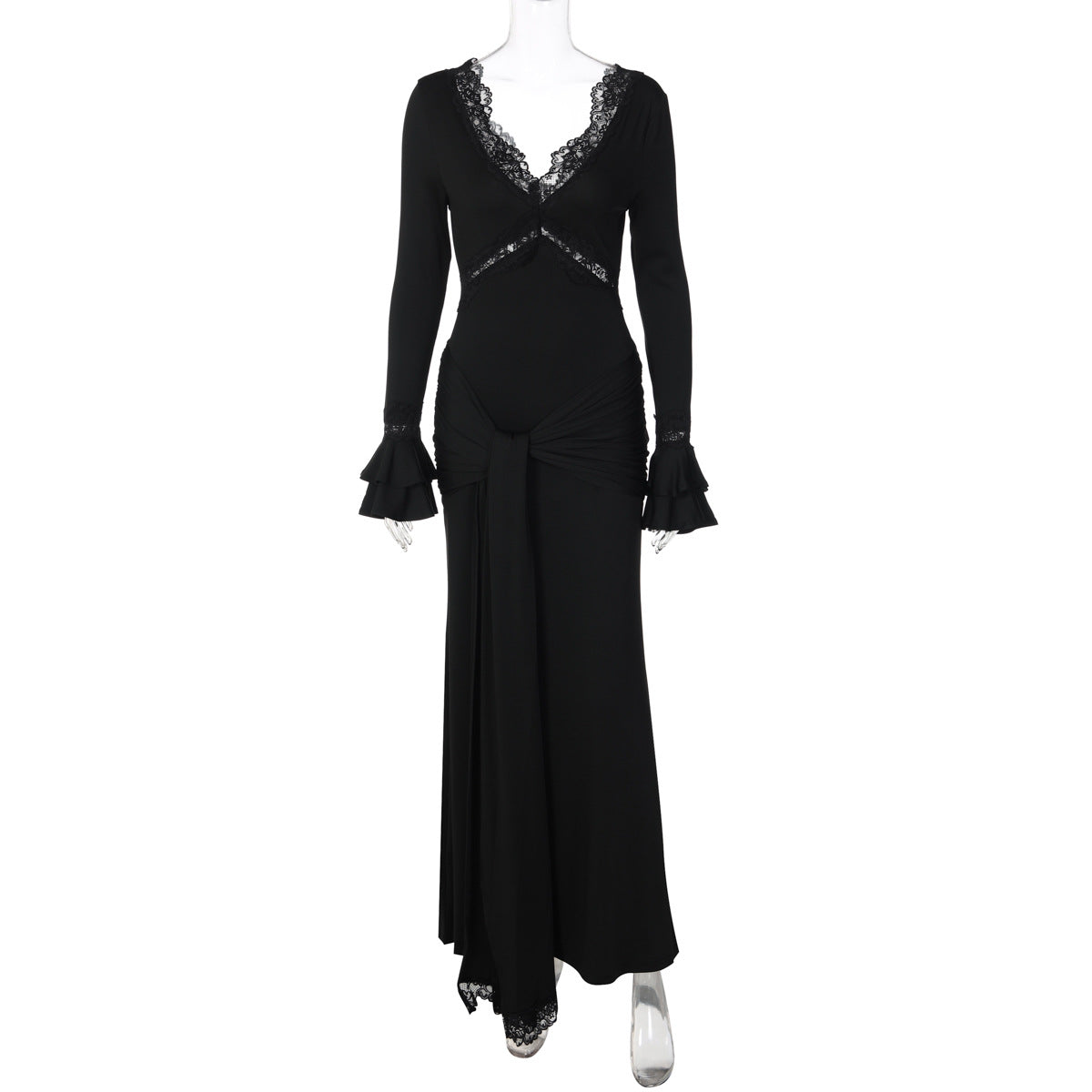 Vestido feminino feminino elegante de decote em V e decote em V mais vendido da Amazon, vestido de gravata ajustado de mangas longas com folhos e mangas longas