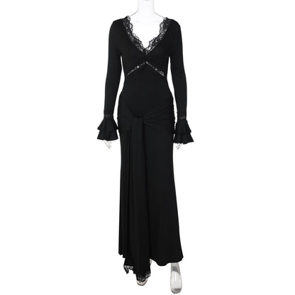 Vestido feminino feminino elegante de decote em V e decote em V mais vendido da Amazon, vestido de gravata ajustado de mangas longas com folhos e mangas longas