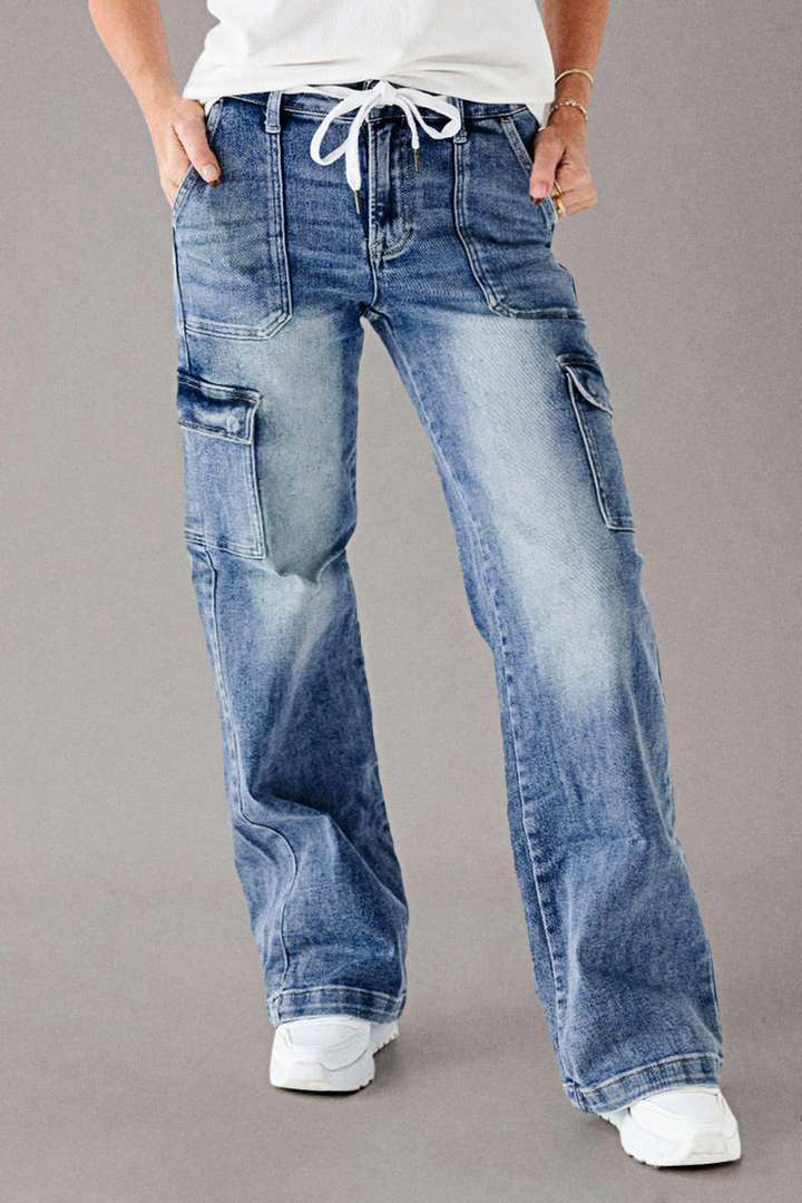 Em Stock Europeu e Americano Outono 2025 Novos Jeans de Atacadores para Mulher, Calças de trabalho casuais largas de perna direita, Lavadas