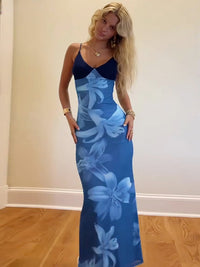 Vestido feminino feminino estampado, sexy, com decote em V, com decote em V, e bestseller na moda europeia e americana, com decote em V, longo, slim slip