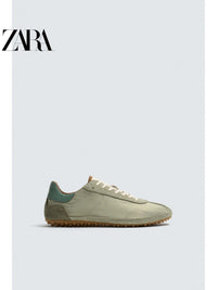 Sapatos masculinos ZARA, lançamento da coleção verão 2026, com detalhes em camurça, modelo retrô, com cadarço e leves, código 2365720 512.