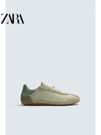 Sapatos masculinos ZARA, lançamento da coleção verão 2026, com detalhes em camurça, modelo retrô, com cadarço e leves, código 2365720 512.