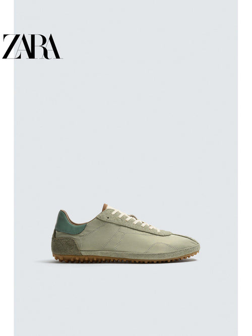 Sapatos masculinos ZARA, lançamento da coleção verão 2026, com detalhes em camurça, modelo retrô, com cadarço e leves, código 2365720 512.