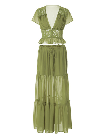 T-shirt elegante de galã de chiffon de renda, estilo francês e americano, vestido comprido largo largo até gravata