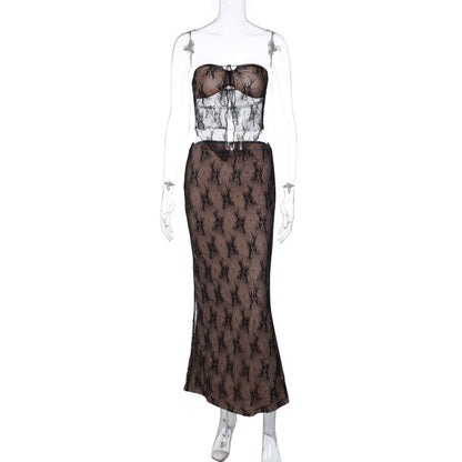 Novo conjunto de vestido de comprimento médio mais vendido de renda em renda e retalhos sexy, na Europa e nos Estados Unidos, dropshipping