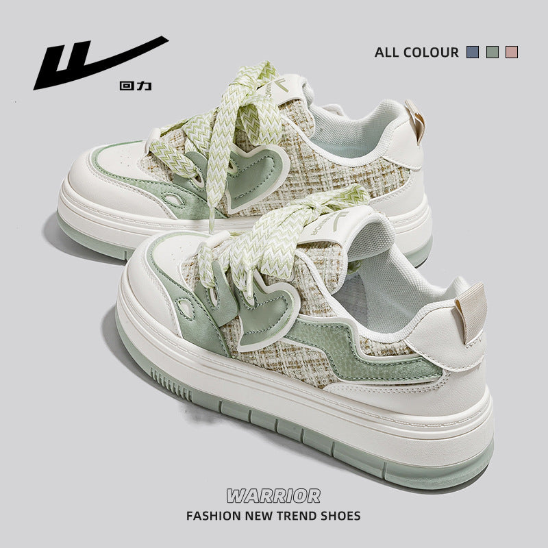 Sapatos casuais com malha verde Warrior matcha, respiráveis, sapatos femininos estilosos estilo Chanel, ténis estudantis de sola grossa para o exterior