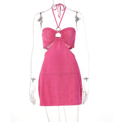 Estilo europeu e americano 2025, vestido de moda sexy com gola halter, vestido de moda oco, comércio exterior da Amazon, roupa feminina por grosso
