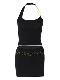 Comércio Estrangeiro: novo look de rapariga elegante de rua para mulheres em estilo de rua, cabresto de corrente e cobertura no peito, conjunto de saia curta ultra-curta e sexy