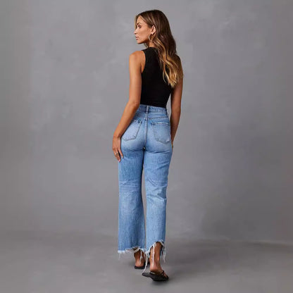 2025 Novas calças de perna larga transfronteiriças, jeans de cintura alta rasgados em tie-dye lavados com borlas, calças compridas casuais de perna direita para mulheres