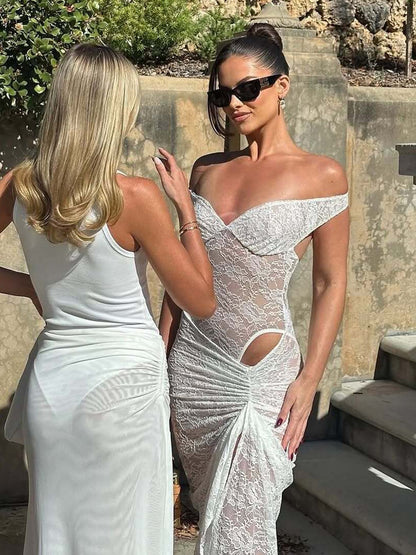 Conjunto de vestido longo de verão transfronteiriço, europeu e americano, com retalhos sexy, ombros sem costas, de renda translúcida com fendas, conjunto de vestido comprido para mulheres